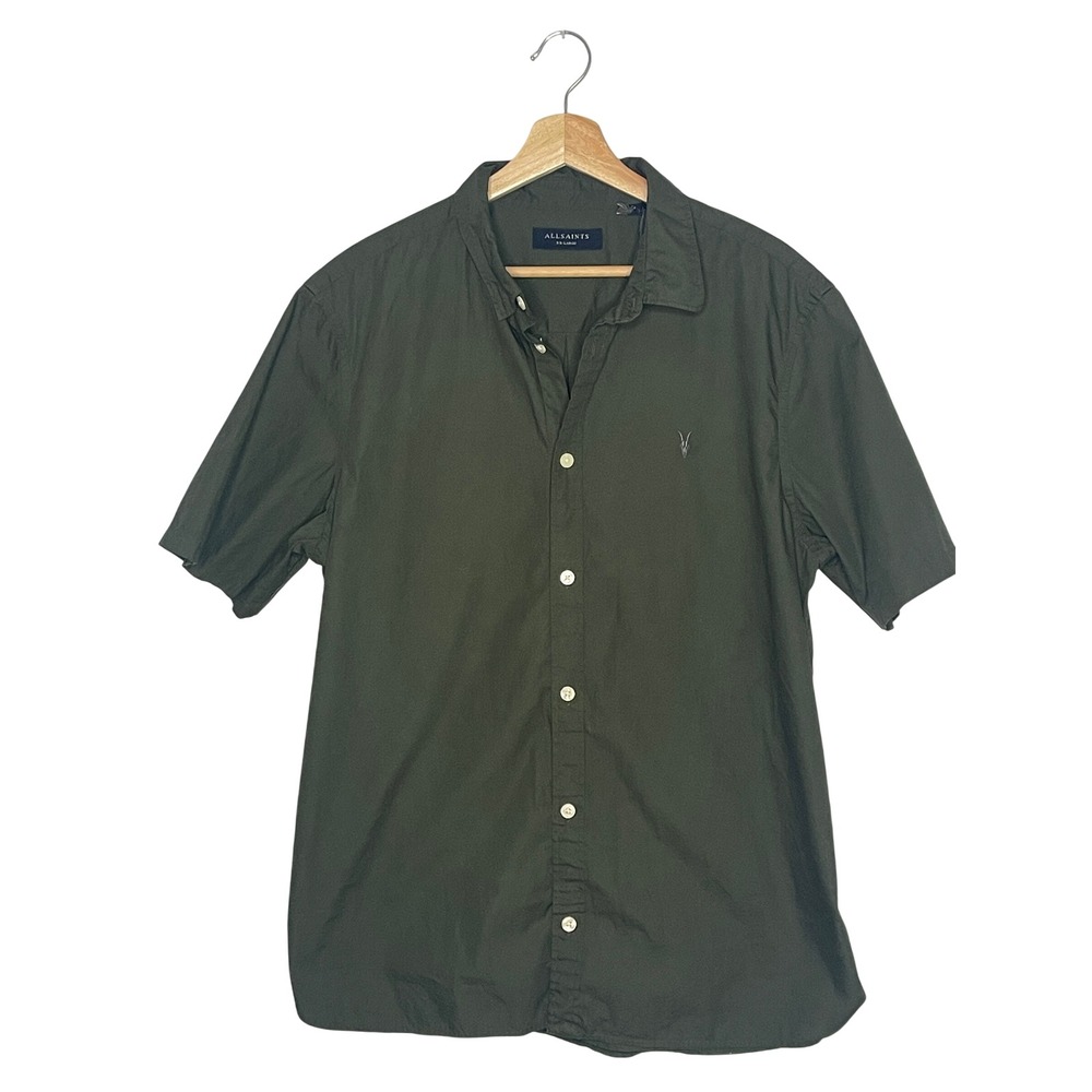 AllSaints Mens Redondo Short Sleeve Organic Cotton Shirt Olive Green XXL